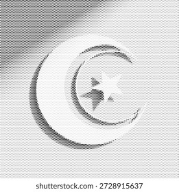 Projeto artístico de meio-tom abstrato de uma lua e estrela para temas religiosos e celestes criativos. Perfeito para a marca islâmica, desenhos inspirados na Turquia e conteúdo de bem-estar espiritual.