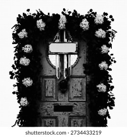 Ilustración artística de efecto semitono de una puerta de entrada romántica decorada con corona floral y acentos de jardín en estilo minimalista de arte pop en blanco y negro.