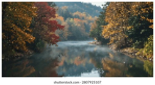 Artistic halftone landscape vector featuring bright red autumn trees overhanging still water with clear reflection and distant forest mountains.