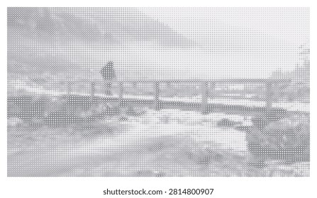 Artistic halftone rendering of human silhouette on wooden dock structure stretching into tranquil water landscape creative dot matrix composition for graphic design.
