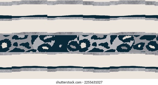 Artistic hand drawn abstract striped leopard skin pattern. Collage black and white print. Fashionable template for design.