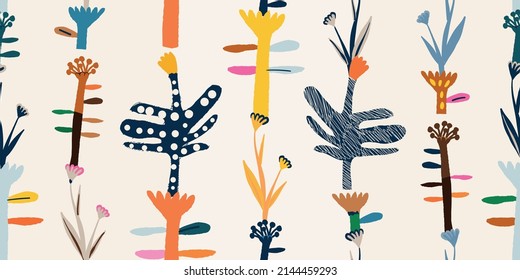 Artistic hand drawn cartoon cute style ornament pattern. Floral abstract trendy colorful print. Fashionable vector template for your design. 