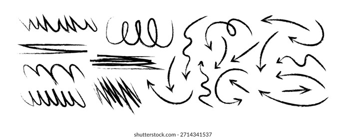 Künstlerische handgezeichnete Kreideffekt-Kritzellinien, Unterstreichungen und Pfeile. Kinderlich handgezeichnete Doodle-Teiler, Rechteck Pinselstriche, Unterstrich Marker Symbol. Vektorgrafik.