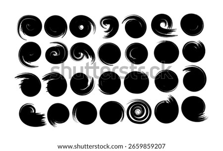 Artistic hand drawn circle shapes with a mix of swirl, spiral, and solid brush styles. Great for modern minimal artwork or  digital design,.