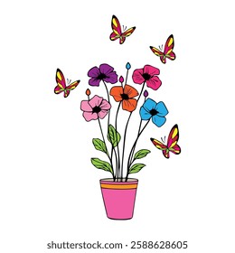 Artistic Hand Drawn Colorful Flower in Pot with Colorful Butterfly vector Illustration with Colorful Petals, Green Leaves, Perfect for Prints, Digital Art, Background, wallpaper Decorative Designs 