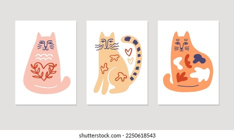 Artistic Hand drawn Cute Cat  Characters Collection. Vintage retro style decorative Animals Set. Mid century modern art, vector illustrations for gift card, wall art, tee shirt print.