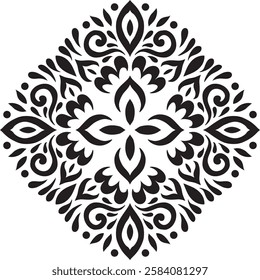 Artistic hand drawn ethnic vector print. Symmetric Moroccan decorative element for printing on T-Shirt, mug or other souvenir. Boho style decoration. Black silhouette pattern on white background.