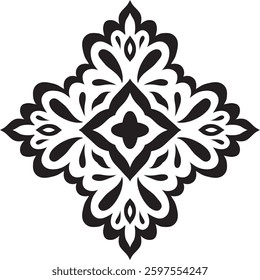 Artistic hand drawn ethnic vector print. Symmetric Moroccan decorative element for printing on T-Shirt, mug or other souvenir. Boho style decoration. Black silhouette pattern on white background.