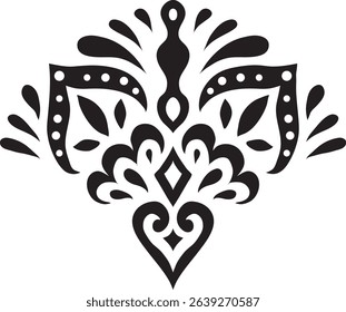 Artistic hand drawn ethnic vector print. Symmetric Moroccan decorative element for printing on T-Shirt, mug or other souvenir. Boho style decoration. Black silhouette pattern on white background.