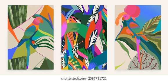 Artistic hand drawn exotic botanical posters with parrots. Unique template for your design.