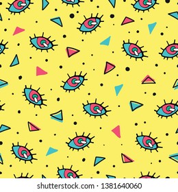 Artistic hand drawn eyes with colorful triangle. Hipster seamles bright pattern.