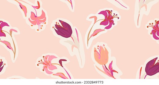 Artistic hand drawn flowers pattern. Romantic beautiful botanical print. Fashionable template for design. 