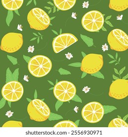 Artistic hand drawn fresh lemon and leaf pattern background illustration 