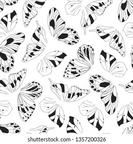 Artistic hand drawn graphic butterfly wings vector seamless pattern. Black and white outline background texture
