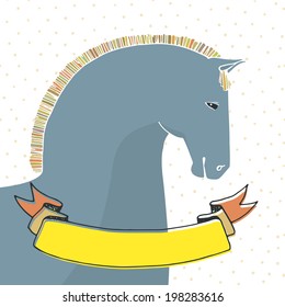 Artistic hand drawn horse with ribbon for your text. Perfect card template made in vector. Equine themed illustration.