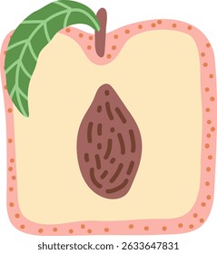 Ilustración artística dibujada a mano de melocotón cuadrado con hoja. Dibujo de Vector de la mitad de la fruta dulce con la semilla y la pulpa aisladas en el fondo blanco. Dibujo de postre vegano de verano para su impresión.