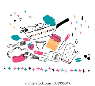 artistic hand drawn kitchen illustration