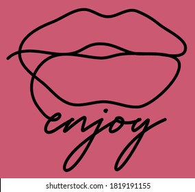Artistic Hand Drawn Lips Illustrations with Enjoy Word Artwork For Apparel and Other Uses