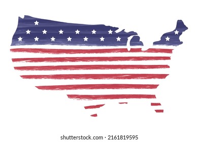 Artistic hand drawn with paintbrush map contour of USA with american flag red and blue lines and stars. Textured grunge vector design element for 4th of July, US holidays