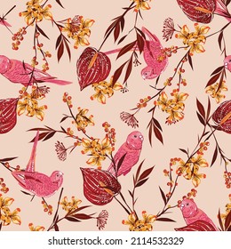 Artistic Hand drawn Parrots birds in the blooming Japanese graden Seamless pattern vector Illustration Design for fashion , fabric, textile, wallpaper, cover , wrapping and all prints on light pink
