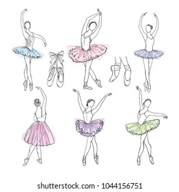 Artistic hand drawn pictures set of theatre theme. Ballerinas dancing. Ballerina dancer with tutu, pose woman in ballet, vector illustration