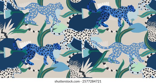 Artistic hand drawn print with leopards. Bohemian botanical naive style seamless pattern. Unique print.