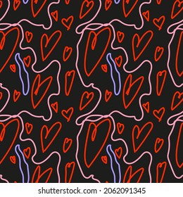 Artistic hand drawn seamless pattern with hearts and abstract lines. Vector illustration for wrapping paper, decoration and textile.