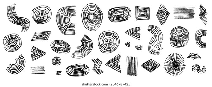 Conjunto desenhado à mão artística de vetor isolado abstrato geométrico grunge listrado formas texturizadas. Abstract caneta fina traçado desenho círculo, quadrado, elementos triangulares para design gráfico, padrão, logotipo