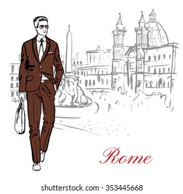 Artistic hand drawn sketch of man walking in Piazza Navona in Rome, Italy