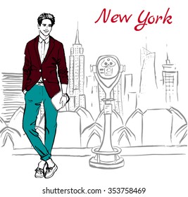 Artistic hand drawn sketch of man in New York, USA