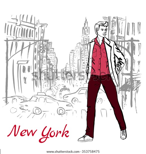 Artistic hand drawn sketch of man walking on street
of New York, USA