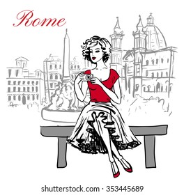 Artistic hand drawn sketch of woman sitting on bench and taking a photo in Rome, Italy