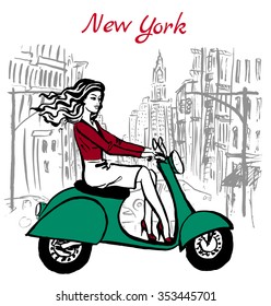 Artistic hand drawn sketch of woman driving scooter on street in New York, USA