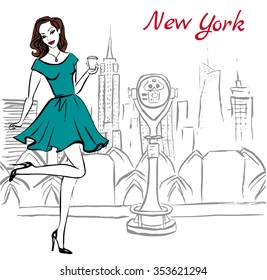 Artistic hand drawn sketch of woman in New York, USA