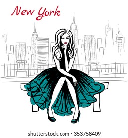 Artistic hand drawn sketch of woman sitting on bench on street in New York, USA