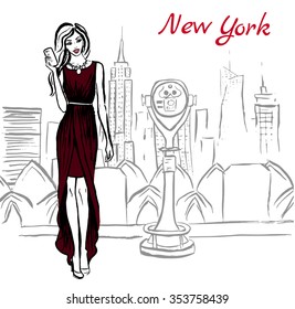 Artistic hand drawn sketch of woman in New York, USA