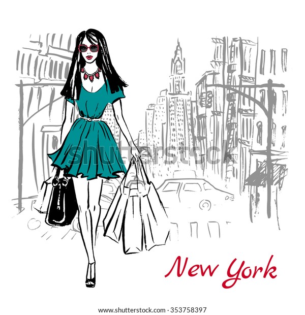 Artistic hand drawn sketch of woman walking\
with shopping bags on street in New York,\
USA