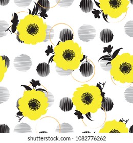 Artistic Hand drawn Summer Blooming flower on hand sketch polka dots background in modern style for fashoin fabric, wallpaper and all prints  on white.seamless pattern vector.