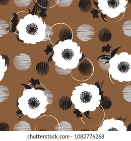 Artistic Hand drawn Summer Blooming flower on hand sketch polka dots background in modern style for fashoin fabric, wallpaper and all prints  on brown color seamless pattern vector.