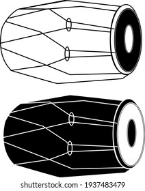 Artistic Hand drawn traditional drum outline designe. Vector black drawing dholak or gendang isolated on white background. Graphic illustration