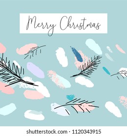 Artistic Hand Drawn unusual Christmas design with abstract hand painted brush strokes and doodle floral conifer branch sketches. Pastel colored background. Merry Christmas and New Year concept