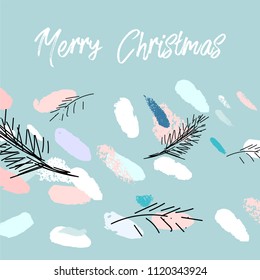 Artistic Hand Drawn unusual Christmas design with abstract hand painted brush strokes and doodle floral conifer branch sketches. Pastel colored background. Merry Christmas and New Year concept