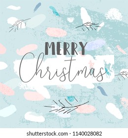 Artistic Hand Drawn unusual Christmas design with abstract hand painted brush strokes and doodle floral conifer branch sketches. Pastel colored background. Merry Christmas and New Year concept