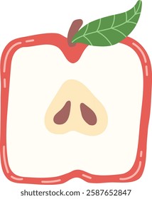 Artistic hand drawn vector illustration of square apple with leaf. Stylized drawing of cut apple. Decorative original artwork for your design. Juicy fruit illustration for t-shirt, souvenir printing