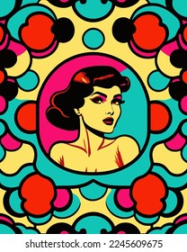 Dibujo artístico a mano vectorial arte pop estilo retro libro de historietas vintage de moda de colores suaves, dibujos animados de doodle patrón sin fisuras diseñado para la textura de moda, adolescente, colorido, papel pintado, decorativo 