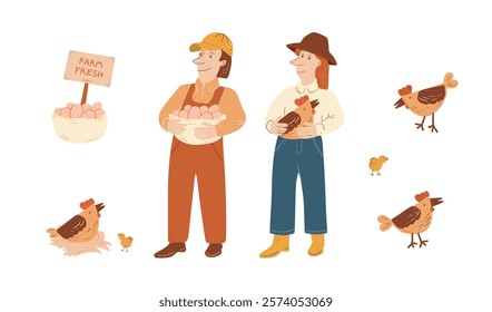 An artistic hand drawn vector set featuring farmers market scene with 2 farmers holding basket and hen. Chickens, hens and basket presenting fresh eggs in flat technique, isolated white background.