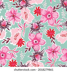 Artistic Hand paint floral seamless patterns blooming garden flower vector EPS10,Design for fashion , fabric, textile, wallpaper, cover, web , wrapping and all prints on light green mint 