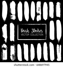 Artistic hand painted brush stroke lines grunge collection. Set of white grungy traces isolated on black. Vector set of trendy white brush strokes or backgrounds.  Ink texture design elements.