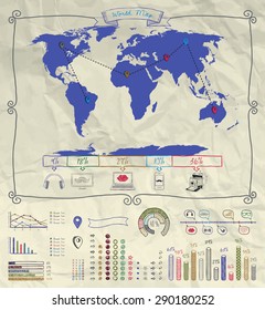 Artistic Hand Sketched Warld Map. Doodle Design Elements and Business Icons of Vintage Infographics on Crumpled Paper Texture. Pen Drawing Vector Illustration. Statistics.
