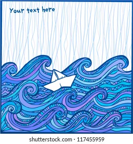 Artistic hand-drawing blue waves and white sheep